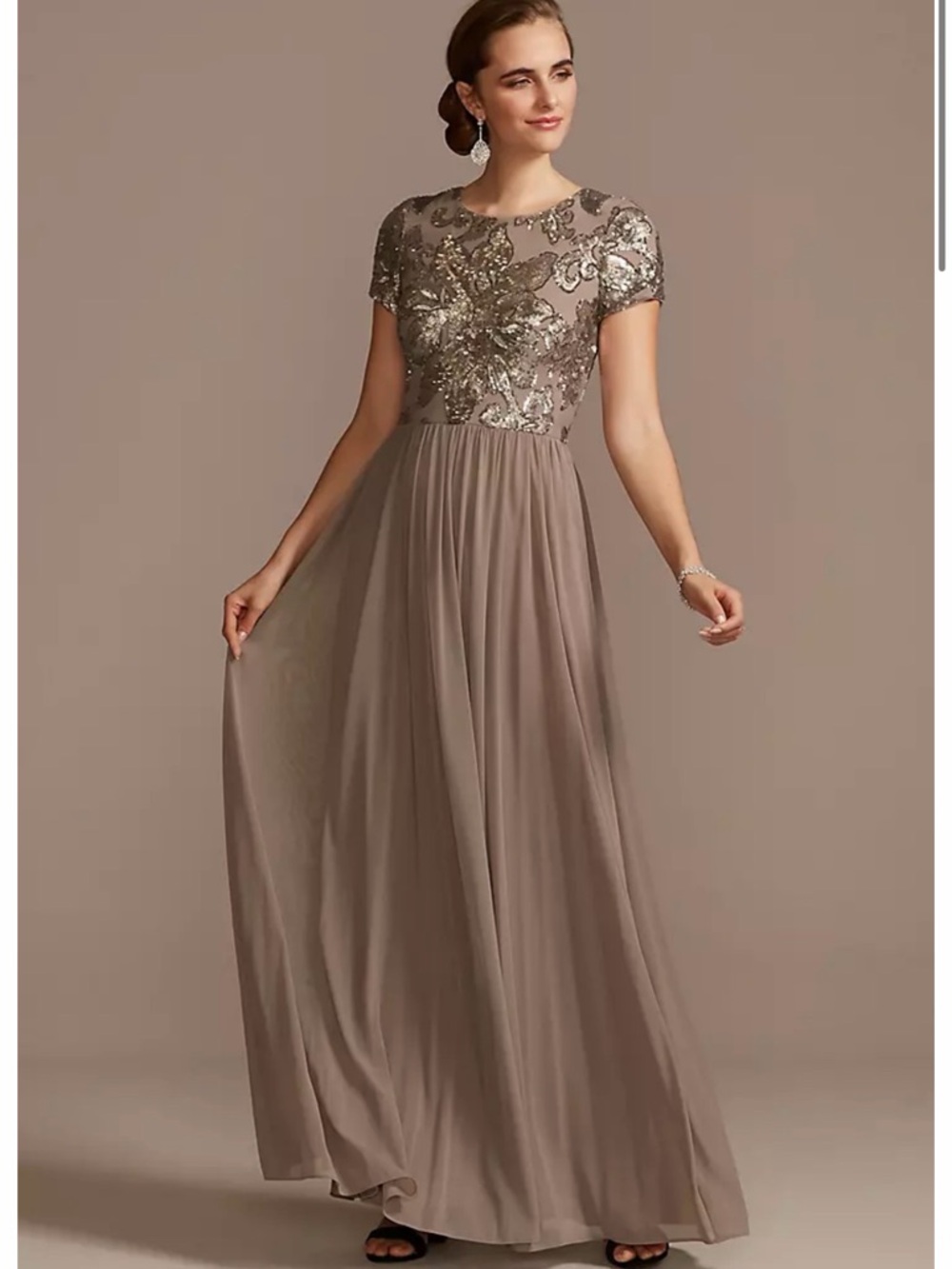 Embellished Taupe Evening Gown with Short Sleeves